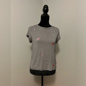 AEO Soft & Sexy Tee, Black & White Stripe with Floral Embroidery, Size Medium